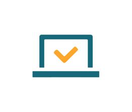 Laptop-Icon mit orangem Häkchen auf dem Bildschirm, auf weißem Hintergrund.