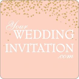 Peach background with "Your Wedding Invitation.com" in white and gold confetti on top.