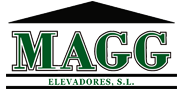 Logotipo de MAGG Elevadores S.A. en letras verdes con un fondo de techo negro.