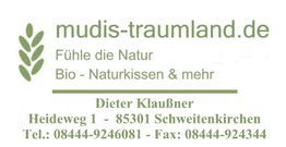 Logo von mudis-traumland.de mit Adresse und Kontaktdaten. Bio-Naturkissen & mehr.