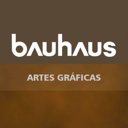 Logo com texto "bauhaus Artes Gráficas" em fundo marrom.