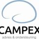 Logo van Campex met tekst "advies & ondersteuning" en abstracte blauwe cirkelvorm.