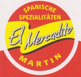 Rotes und gelbes Logo mit Text: "Spanische Spezialitäten, El Mercadito, Martin".