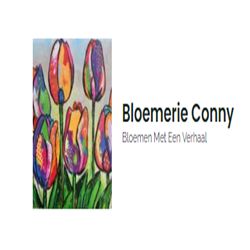 Kleurrijke tulpen met tekst: "Bloemerie Conny - Bloemen Met Een Verhaal".