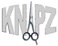 Schaar in het midden van het woord "KNAPZ" in grijze letters.