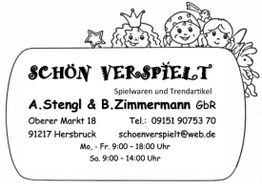 Schwarz-weiße Visitenkarte von Spielwarenladen "Schön Verspielt" mit Kontaktinformationen.