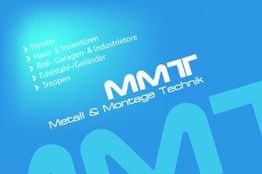 Blaues Design mit Text über Fenster, Türen, Tore, Geländer, Treppen von Metall & Montage Technik.