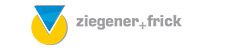 Gelbes Halbkreiselement mit blauem Dreieck und grauer Schrift "ziegener-frick" daneben.