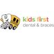 Smiling tooth driving a bus next to the text "kids first dental & braces" in colorful font.