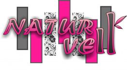 Texto "Naturvell" con fondo de barras grises y rosas y decoraciones florales.