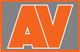 "Grijze achtergrond met grote oranje letters 'AV' omlijnd in wit en oranje kaders."