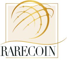 Logo mit goldenem Globus-Design und dem Text "RARECOIN" darunter.