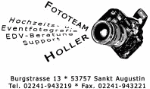 Logo mit Kamera und Text: Fototeam Holler, Sankt Augustin, inkl. Kontaktinformationen.