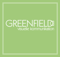Grünes Logo mit der Aufschrift "GREENFIELD visuelle kommunikation" in weißer Schrift.