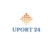 Logo mit orangefarbenem Punktmuster und blauem Text "UPORT 24".