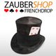 Schwarzer Zylinder mit Spielkarte, Schriftzug "Zaubershop Frenchdrop" oben, Symbole von Kartensets.