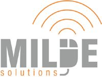 Logo mit grauem Text "MILDE solutions" und einem orangenen Radiowellen-Muster über einer Maus.