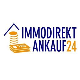 Logo von Immodirekt An Kauf 24 mit Hausdach, Münzen und Geldscheinen.