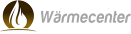 Logo mit Flamme und Text "Wärmecenter", Farben: Braun und Grau.
