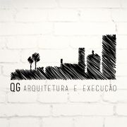 Esboço de skyline urbano e texto "QG Arquitetura e Execução" em fundo de tijolos brancos.