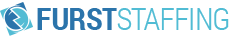 Logo of Furst Staffing with a blue abstract design on the left.