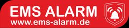 Rotes Logo mit Text "EMS ALARM" und Website www.ems-alarm.de, Glocken-Symbol.