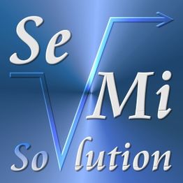 Text "SeMi SoLution" auf blauem Hintergrund mit Pfeil und Quadratwurzel-Design.