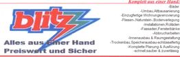 Logo mit Blitz, Text "Alles aus einer Hand, Preiswert und Sicher" und Renovierungsdienste.