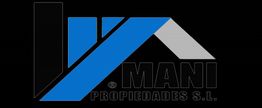 Logo de Mani Propiedades S.L. con icono de tejado azul y gris sobre fondo negro.