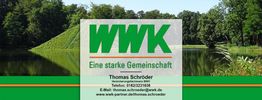WWK-Logo über Landschaft mit See, Text: "Eine starke Gemeinschaft", Thomas Schröder, Kontaktdaten.