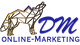 Logo mit geometrischem Wolf und dem Text "DM Online-Marketing" in Blau.