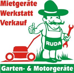 Illustration: Mann mit Rasenmäher und Schraubenschlüssel, Text "Mietgeräte, Werkstatt, Verkauf".