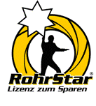 Silhouette mit Stern, RohrStar-Logo, Text: "RohrStar Lizenz zum Sparen."