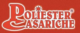 Texto: "Poliester Casariche" en letras blancas sobre fondo rojo.