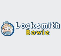 Logo with "Locksmith Bowie" text and cartoon locksmith wearing a cap in a blue circle.