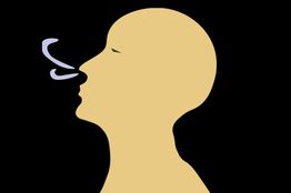 Menselijk silhouet met neusstroom, zwarte achtergrond.