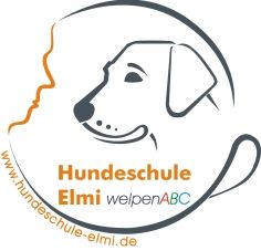 Hundeschule-Logo mit Hundesilhouette, Schrift "Hundeschule Elmi welpenABC", Webseite unten.