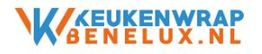 Logo van Keukenwrap Benelux in blauw en oranje letters.