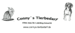 Logo von Conny's Tierbedarf mit Katze und Hund. Text: "Alles was Ihr Liebling braucht."