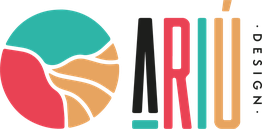Logo de Ariú Design con formas y letras estilizadas en colores rojo, verde y marrón.