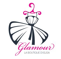 Logo con abito stilizzato e testo "Glamour La Boutique di Elisa" in rosa e nero.