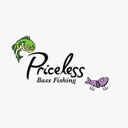 Cartoon fish surrounding the text "Priceless Bass Fishing" on a white background.