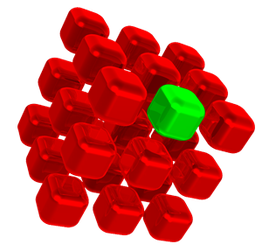 Rote Würfel in einem Cluster; ein grüner Würfel hebt sich in der Mitte ab.