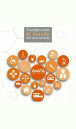 Íconos médicos y de asistencia en tonos naranjas con el texto "Transformando el mundo".