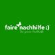 Grünes Logo mit Text: "faire nachhilfe" und "Die grüne Nachhilfe" mit einem Schmetterling.