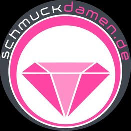 Logo mit rosa Diamant und Schriftzug "schmuckdamen.de" auf schwarzem Kreis mit rosa Rand.