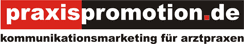 Logo mit Text "praxispromotion.de: kommunikationsmarketing für arztpraxen" auf schwarzem Hintergrund.