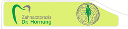 Zahnarztpraxis-Logo mit Zahn-Symbol, Text "Zahnarztpraxis Dr. Hornung" und Figur in einem Kreis.