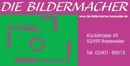 Visitenkarte von "Die Bildermacher" mit Adresse und Telefonnummer in Baesweiler.