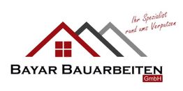 Logo von Bayar Bauarbeiten GmbH mit Slogan "Ihr Spezialist rund ums Verputzen", zwei Hausdächer.